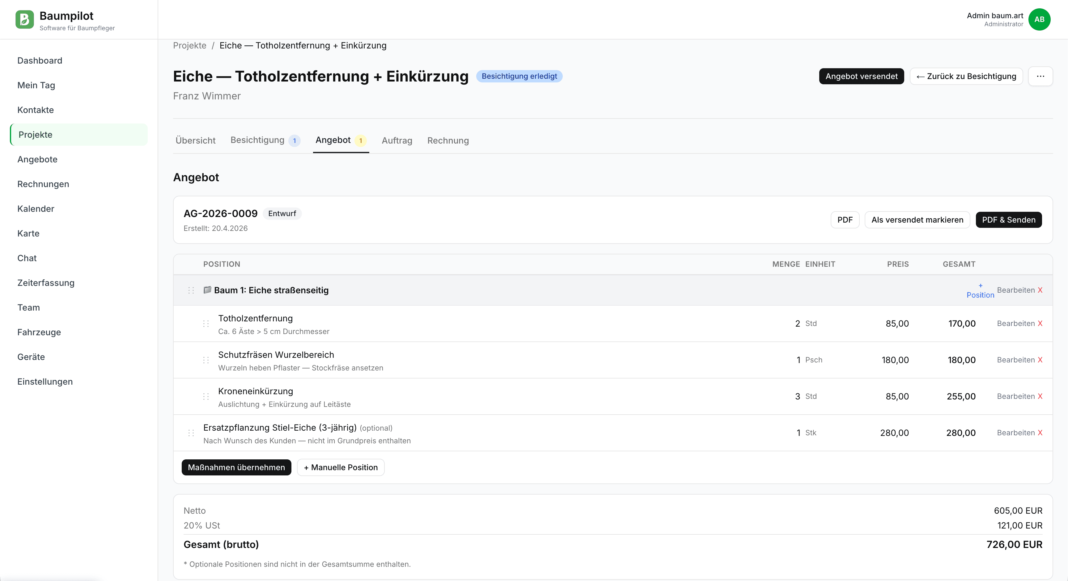 Angebots-Editor mit verschachtelten Positionen und optionalen Leistungen
